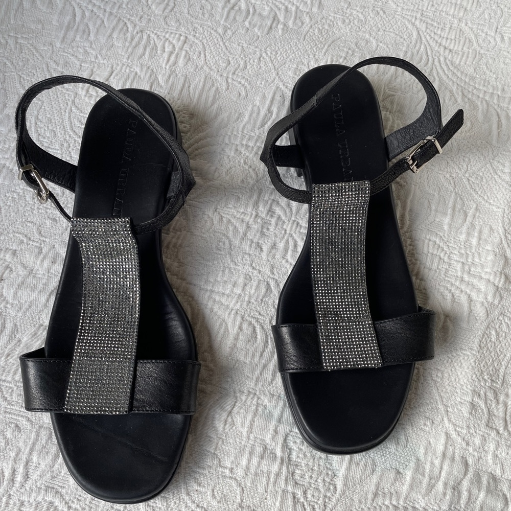 Black Leather Sandals with Silver Accents